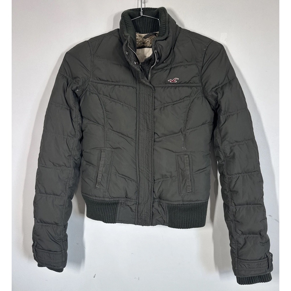 VTG Y2K Olive Green Hollister Down Filled Faux Fur Lined Puffer Jacket Womens S
